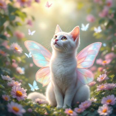 The primary subject of the image is a white cat with a butterfly wing on its back. The cat is sitting in a field of flowers, which adds a vibrant and colorful backdrop to the scene. The visual style of the image is a combination of photo and digital art, creating a unique and eye-catching illustration. The dominant colors in the image are white, pink, and yellow, giving the scene a warm and cheerful atmosphere.